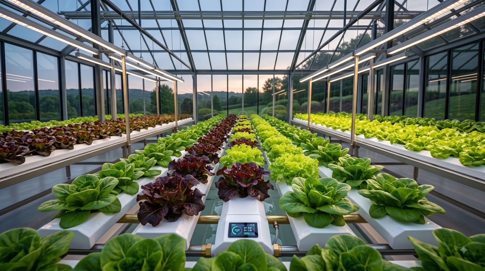 Rows of lettuce growing under a greenhouse roof